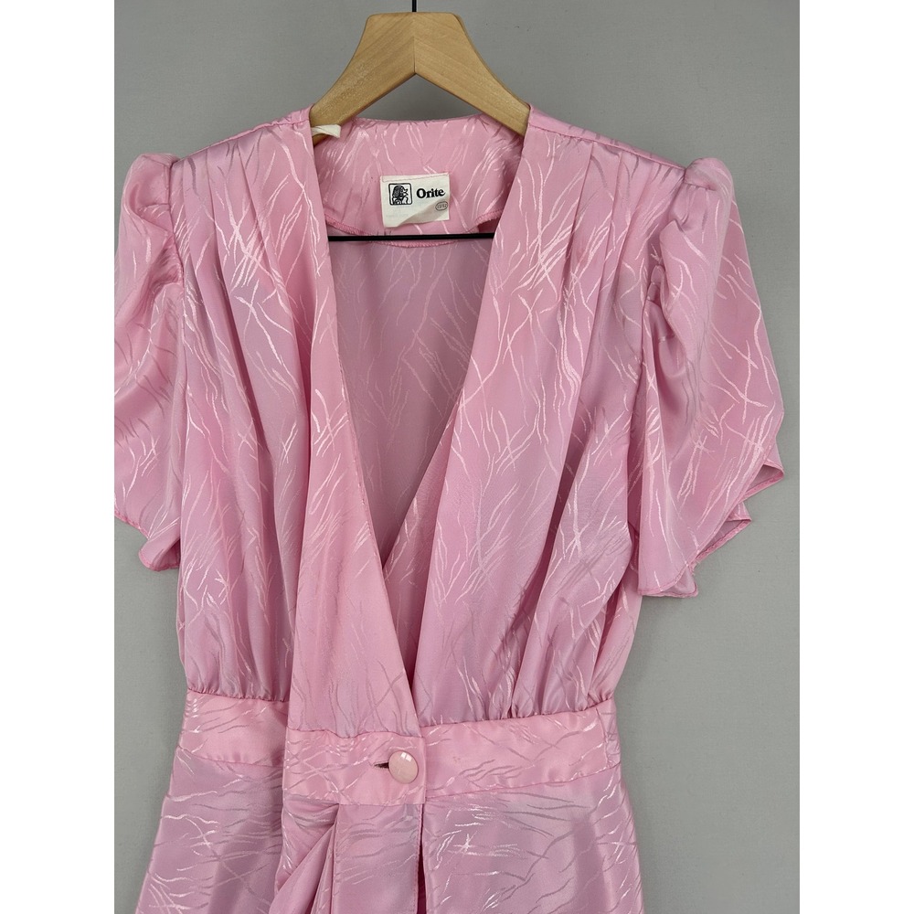 Vintage Orite Pink Jacquard V-Neck Wrap Midi Dress Puff Sleeve Womens Size 11/12